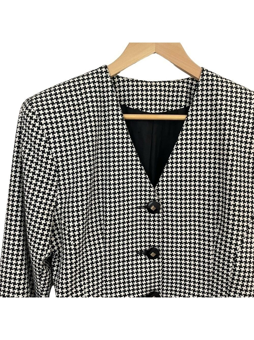 Vintage 90s Houndstooth Blazer Womens M Black White Fitted Office Career Posh